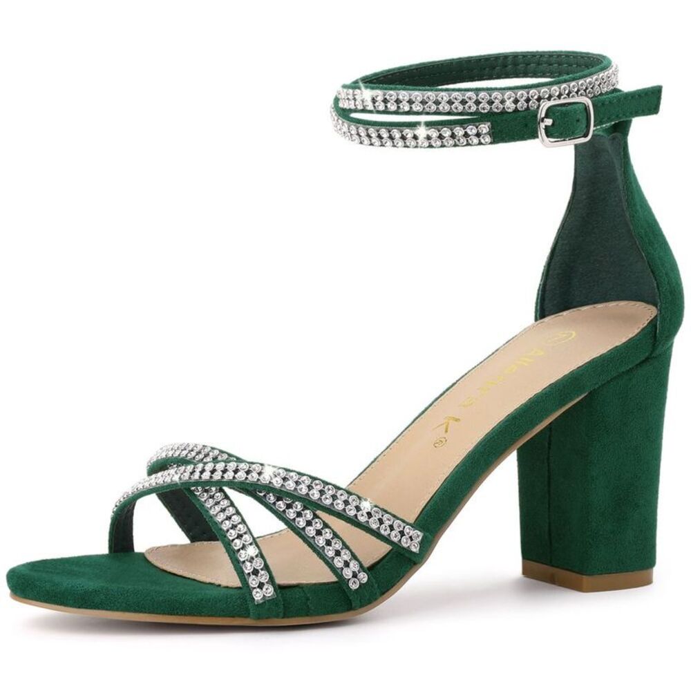 Women's Rhinestones Crisscross Strap Strappy Chunky Heel Sandals Dark Green 8